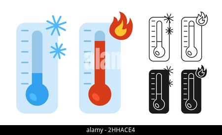 Temperatursymbol heiß und kalt eingestellt. Symbol heiß, warm mit Sonnen-, Kälte- und Schneeflocken-Meteorologie-Thermometern. Temperaturmessung von Geräten mit Celsius- und Fahrenheit-Temperatur. Vektorzeichensammlung Stock Vektor