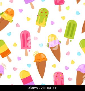 Eis Cartoon Tapete. Nahtloses Muster Eis Kegel Vanillefrucht, Beereneis Lolly. Kawaii Sommer süß Lebensmittel wiederholen Papierformat. Scrapbook Dessert endlose Ornament Vektor-Illustration Stock Vektor
