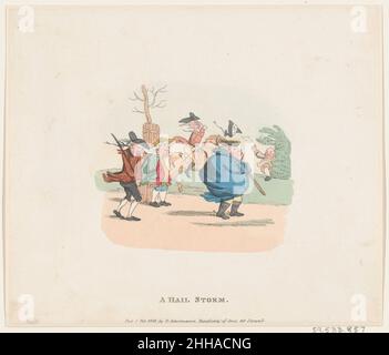 Ein Hagelsturm 1. Februar 1803 nach Henry William Bunbury. Ein Hagel Storm. Nach Henry William Bunbury (British, Mildenhall, Suffolk 1750–1811 Keswick, Cumberland). 1. Februar 1803. Handkolorierte Radierung. Rudolph Ackermann, London (tätig 1794–1829). Ausdrucke Stockfoto