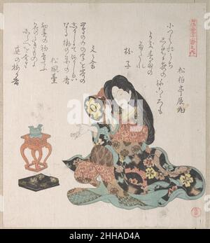 Lady schlägt eine Handtrommel (Tzusumi) an der Seite des Räucherstäbels, wahrscheinlich 1815 Kubo Shunman Japanerin. Lady schlägt eine Handtrommel (Tzusumi) an der Seite des Räucherstäbels 54044 Stockfoto