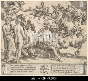 Jupiter, der rechts von einer Pferdekutsche umstürzt, Ganymede auf dem Adler des Jupiters oben in der Mitte, unter der Venus und rechts von ihr, die drei Grazien 1530–60 Meister des Sterben Italienisch nach Ovids kurzer Darstellung der Entführung Ganymedes (Metamorphosen 10,155–61) handelt es sich in der hier gezeigten Szene um die Liebe. Amor ist die zentrale Figur, und Ganymede und der Adler sind abgesessene Accessoires, die die Macht des jungen gottes – sogar im Schlaf – bezeugen, den obersten Herrscher des Olymp zu entwaffnen. Merkur, der Götterbote, half Jupiter oft bei seinen Liebesbeziehungen. Hier eilt er zu Hilfe Stockfoto