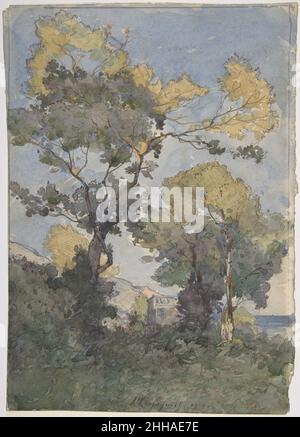 Landschaft 1900 Henri-Joseph Harpignies Französisch spät in seiner Karriere besuchte der Landschaftsmaler Harpignies wiederholt Menton, einen Ferienort an der französischen Riviera. Dieses auf der Rückseite eingraviert 'Souvenir von Menton' bietet nur einen Blick auf das blaue Mittelmeer und konzentriert sich stattdessen auf das Lichtspiel über der Baumgruppe. Der Künstler, der seit Mitte des Jahrhunderts Aquarell praktiziert, verwendete differenzierte Tonwerte, um eine Reihe von Effekten zu vermitteln, von dem warmen Licht, das die obersten Zweige trifft, bis hin zum schattigen Unterholz darunter. Landschaft 337306 Stockfoto
