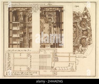 Entwürfe für das Theater in Nancy: Blick auf die Hälfte des Proszeniums und einen halben Abschnitt davon; Ende der Decke; und Grundrissplan 1659–1739 Assistent von Francesco Galli Bibiena Italienisch. Entwürfe für das Theater in Nancy: Blick auf die Hälfte des Proszeniums und einen halben Abschnitt davon; Ende der Decke; und Grundrissplan 340183 Stockfoto