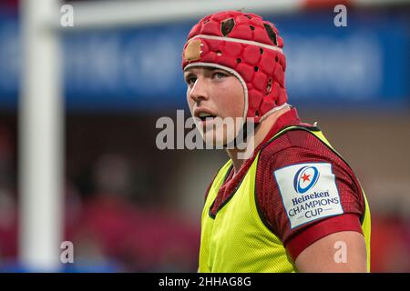 Limerick, Irland. 24th Januar 2022. Josh WYCHERLEY von Münster schaut am 23. Januar 2022 während des Heineken Champions Cup, Runde 4, Spiel B zwischen Munster Rugby und Wespen im Thomond Park in Limerick, Irland (Foto von Andrew SURMA/ Quelle: SIPA USA/Alamy Live News Stockfoto