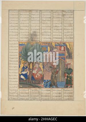 'Nushirvan Eating Food brused by the Sons of Mahbud', Folio from a Shahnama (Book of Kings) 1330s Abu'l Qasim Firdausi Diese Seite bildete einst einen Teil eines jetzt verstreuten Manuskripts, das als der große mongolische Shahnama bekannt ist und vermutlich im Jahr 1330s in Tabriz produziert wurde. Als großformatige Arbeit hätte sie einst fast 300 Folios mit fast 200 Gemälden enthalten. Das Thema dieses wunderschön gemalten Folios ist unklar, da sich seine Bilder nicht direkt auf den umgebenden Text beziehen, aber es wahrscheinlich das Essen des Königs Nushirvan darstellt. „Nushirvan, der Essen isst, das von den Söhnen Mahbuds gebracht wurde“, Folio Fr. Stockfoto