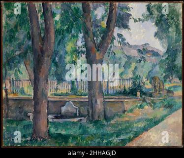 Der Pool von Jas de Bouffan ca. 1885–86 Paul Cézanne die Zuneigung des französischen Cézanne zum Familienbesitz Jas de Bouffan in der Nähe von Aix spiegelt sich in den zahlreichen Ansichten wider, die er über ein Vierteljahrhundert über das Anwesen malte. Mitte 1880s stellte er in dieser Komposition mehrmals die Straße rechts unten dar. Umgeben von Kastanienbäumen, führte es von der Rückseite eines Hauses aus dem 18. Jahrhundert zu gepflegten Gärten. In der Nähe der Schiene, die die Bereiche trennt, befand sich ein Becken zum Wassersammeln und eine Waschtrog, die im mittleren Boden sichtbar war. Der Pool wurde von Wasserspeiern in Form von Löwen flankiert, von denen einer ma Stockfoto