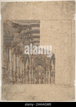 Gerahmtes unvollendetes Design eines barocken Kircheninneren. Vor 1769 Giovanni Maria Galli Bibiena, dem jüngeren Italiener, zugeschrieben. Gerahmte unvollendete Design einer barocken Kirche Interieur. 344314 Stockfoto