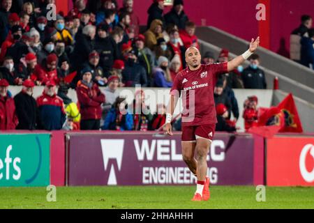 Limerick, Irland. 24th Januar 2022. Simon ZEBO aus Münster feiert am 23. Januar 2022 nach dem Punktespiel beim Heineken Champions Cup, Runde 4, Pool B zwischen Munster Rugby und Wespen im Thomond Park in Limerick, Irland (Foto von Andrew SURMA/ Quelle: SIPA USA/Alamy Live News Stockfoto