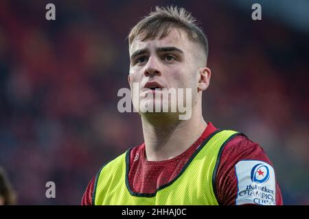 Limerick, Irland. 24th Januar 2022. Alex KENDELLEN von Münster schaut am 23. Januar 2022 während des Heineken Champions Cup, Runde 4, Pool B-Spiels zwischen Munster Rugby und Wespen im Thomond Park in Limerick, Irland (Foto von Andrew SURMA/ Quelle: SIPA USA/Alamy Live News Stockfoto