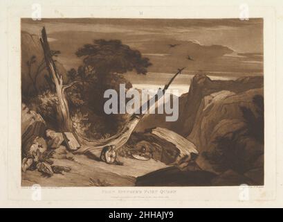 Aus Spenser's Fairy Queen (Liber Studiorum, Teil VII, Platte 36) Juni 1811 entworfen und geätzt von Joseph Mallord William Turner der Brite Turner hat seine Landschaftsvorstellungen in 'Liber Studiorum' (Latein für Buch der Studien) destilliert, Zwischen 1807 und 1819 erschien eine Serie von siebzig Druckgrafiken und einem Frontispiz.um die Kompositionen zu etablieren, fertigte er braune Aquarellzeichnungen an und ätzte dann Umrisse auf Kupferplatten. Professionelle Kupferstecher entwickelten den Ton in der Regel unter Turners Regie, und Hodgetts fügte hier Mezzotint hinzu, um ein Thema zu beschreiben, das von Spensers epischem Gedicht „The Feyrie Queene“ (15) inspiriert wurde Stockfoto