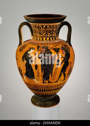 Terracotta Hals-Amphore (Glas) ca. 510 v. Chr. Griechisch, attische Vorderseite, zwei berittene JägerRückwärts, Dionysos zwischen Satyr und MaenadDie Vorderseite zeigt eine seltene Darstellung eines Reiters, der sich von seinem Pferd absetzt. Terrakotta-Amphoren (Glas). Griechisch, Dachboden. Ca. 510 V. CHR. Terrakotta; schwarze Figur. Archaisch. Vasen Stockfoto