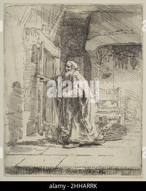 Die Blindheit Tobit 1651 Rembrandt (Rembrandt van Rijn) der Niederländer Rembrandt schuf eine Reihe von Gemälden, Zeichnungen und Radierungen, die mit der Geschichte Tobit in Verbindung stehen und eine besondere Affinität zu diesem apokryphen Buch der hebräischen Bibel aufdecken. In dieser Radierung schildert der Künstler den Moment, in dem der alte und blinde Tobit sich wendet, um seinen lang erwarteten Sohn zu Hause willkommen zu heißen (Tobit 11:5–11). In Eile klopft Tobit über ein sich drehendes Rad und rennt in den Türpfosten, wobei sich der Hund seines herannahenden Sohnes Tobias in sein Gewand schmiegt. Details wie der Hund, das Rad und die Fische, die am Herd hängen, sind nicht r Stockfoto