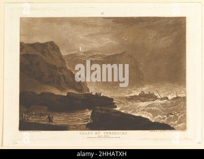 Coast of Yorkshire, near Whitby (Liber Studiorum, Teil V, Platte 24) 1. Januar 1811 entworfen und geätzt von Joseph Mallord William Turner der Brite Turner destillierte seine Landschaftsvorstellungen in 'Liber Studiorum' (Latin for Book of Studies), Zwischen 1807 und 1819 erschien eine Serie von siebzig Druckgrafiken und einem Frontispiz.um die Kompositionen zu etablieren, fertigte er braune Aquarellzeichnungen an und ätzte dann Umrisse auf Kupferplatten. Professionelle Graveure entwickelten den Ton in der Regel unter Turner's Richtung, und sagen, dass hier Mezzotint hinzugefügt wurde, um raue Meere zu definieren, die einen dunklen, felsigen Abschnitt der Küste von Yorkshire durchziehen Stockfoto