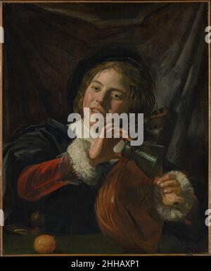 Junge mit Laute ca. 1625 Frans Hals Dutch inspiriert von holländischen Karavaggsken-Malern wie Gerrit van Honthorst und Hendrick ter Brugghen malte Hals Mitte bis Ende 1620s Bilder unbeschwerter Musiker. Hier gießt ein junger Mann einen letzten Tropfen Rotwein auf sein Thumbnail, ein Signal an den Wirt, dass er eine Nachfüllung braucht, und an den Zuschauer, dass (nach einem holländischen Reim der Zeit) "das Glas leer ist. Die Zeit ist um.“ Obwohl Hals's Urheberschaft nicht bezweifelt werden kann, wurde das Erscheinungsbild des Bildes durch Veränderungen beeinflusst, die der Künstler selbst und spätere Restauratoren vorgenommen haben. Zum Beispiel die coll Stockfoto