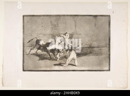 Platte 8 aus der 'Tauromaquia': Ein Moor gefangen von dem Bullen im Ring 1816 Goya (Francisco de Goya y Lucientes) Spanisch. Platte 8 aus der 'Tauromaquia': Ein Moor, der vom Bullen im Ring 397866 gefangen wurde Stockfoto