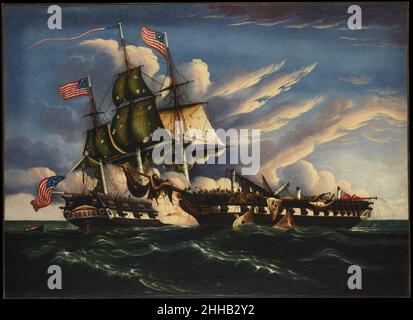 Die Verfassung und die Guerriere Ca. 1845 Thomas Chambers Chambers, geboren in England, arbeitete in den Vereinigten Staaten von 1832 bis etwa 1866 als fruchtbarer Marine-, Landschafts- und „schicker“ Maler. In den Jahren 1930s und 1940s, mit der Entdeckung des signierten Gemäldes des des Museums, entstand Chambers als volkstümliches Original, posthum von den Enthusiasten der modernen Kunst als der „Amerikaner Rousseau“ umarmt. Hier konzentrierte Chambers seine Aufmerksamkeit auf eine bekannte Seeschlacht im Krieg von 1812 mit den U.S.S. Constitution, auch bekannt als Old Ironsides. Seine Komposition basiert auf einem Stich von Cornelius Tiebout Stockfoto