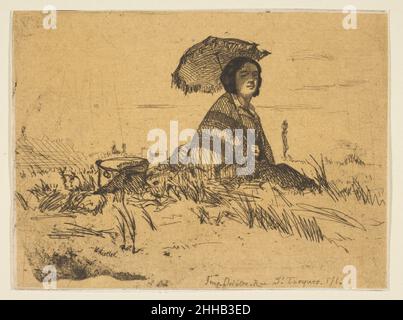 En plein Soleil 1858 James McNeill Whistler American Whistler hat wahrscheinlich dieses Bild einer Grisette oder eines arbeitenden Mädchens mit einem Sonnenschirm auf dem Land in der Nähe von Paris aufgenommen (der Titel bedeutet 'in Full Sun'). Realistische und naturalistische Ideen, die unter Künstlern in Frankreich zirkulierten, beeinflussten den unidealisierten Ansatz. Eine der frühen Radierungen von Whistler, die im Sommer 1858 gemacht wurde, bevor er Mitte August auf Tournee durch das Rheinland ging. Im November wurde es in 'Douze Eau-fortes d'Apres Nature' ('zwölf Radierungen aus der Natur') aufgenommen, bekannt als das 'französische Set'. Dieser Eindruck gehörte Thomas Wi Stockfoto