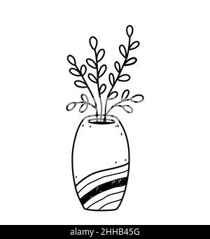 Niedliche Vase mit Pflanze isoliert auf weißem Hintergrund. Vektor-handgezeichnete Illustration im Doodle-Stil. Perfekt für Karten, Dekorationen, Logo. Stock Vektor