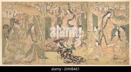 Ein Blick auf die Freuden des Taiko und seiner fünf Frauen bei Rakutō 1804 Kitagawa Utamaro Japanisch Dieses Triptychon, das 1804 veröffentlicht wurde, zeigt die berühmte Kirschblütenbeobachtungsparty, die Hideyoshi 1598 veranstaltet hat. Das Shogun, dessen Erben von den Vorfahren der regierenden Familie Yokugawa gestürzt wurden, war angeblich eine unschuldige historische Szene, die unter der restriktiven und korrupten Regierung von großer Bedeutung für die Stadtbewohner von Edo war. Utamaro wurde wegen seiner Missachtung des Beamten eines ineffektiven Verbots zu diesem Thema inhaftiert und verbrachte fünfzig Tage in Handketten. Dies, kombiniert mit Th Stockfoto