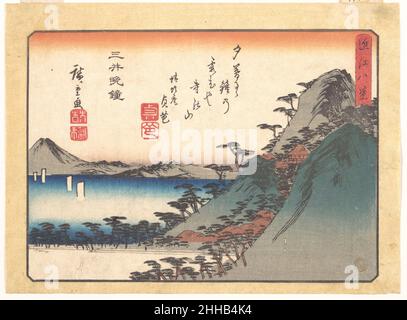 Abendglocke im Miidera-Tempel, aus der Serie Acht Ansichten von Ōmi (Ōmi hakkei) ca. 1834–35 Utagawa Hiroshige Japanisch. Abendglocke im Miidera-Tempel, aus der Serie Acht Ansichten von Ōmi (Ōmi hakkei) 49931 Stockfoto