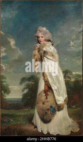 Elizabeth Farren (geboren um 1759, gestorben 1829), später Gräfin von Derby 1790 Sir Thomas Lawrence Brite die irische Schauspielerin Elizabeth Farren feierte 1777 ihr Debüt in London und wurde bald zu einer der beliebtesten Comickünstler der Zeit. Dieses Porträt zeigt sie als elegante junge Frau auf dem Höhepunkt ihrer Karriere, bevor sie sich von der Bühne zurückzog, um ihren aristokratischen Beschützer zu heiraten. Lawrence’s kühne Pinselarbeit fängt den Glanz von Satin und die Plusikeit von Fell ein, aber sein Gemälde missfiel dem Sitter, der die 21-jährige Künstlerin bat, die Darstellung ihrer unmodischen Verleumdnis zu ändern Stockfoto