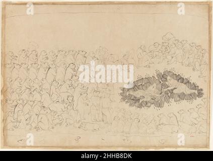 Rama und Lakshmana von Pfeilen überwältigt: Folio aus der Serie „Belagerung von Lanka“ ca. 1725 Manaku zugeschrieben 'Rendering selbst unsichtbar aufgrund der Wohltat erhielt er von Brahma, [Indrajit, der Sohn von Ravana].. Lockerte scharfe Pfeile hell wie Blitz auf Rama und Lakshmana.. [Also] kein Haaratem an ihren Körpern wurde nicht von diesen unwiderstehlichen Darts zerbrochen, gestochen und durchbohrt.' Das Ramayana erzählt uns, dass die Wellen Schlangen ähnelten, eine Metapher, die der Künstler wörtlich abgab und die die Körper der beiden gefallenen Helden mit sich wingenden Schlangen umhüllte. Sie sind von der Angst umgeben Stockfoto