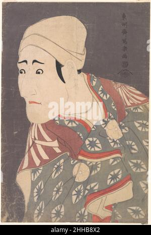 Kabuki Darsteller Morita Kan’ya VIII. Als Palanquin-Träger in The Play A Medley of Tales of Revenge (Katakiuchi noriaibanashi) 5th Month, 1794 Tōshūsai Sharaku Japanese Diese Figur, deren Spitzname 'Uguisu' 'Buschsänger' bedeutet, ist ein Palanquin-Träger, ein Beruf, den Edoiten mit kleinen Hoodlums in Verbindung gebracht haben. Sharaku zeigt ihn, wie er sich in seinem Kimono die Hände reibt, eine konventionelle Geste, die sein schuldiges Bewusstsein für die böse Tat, die er begehen wird, anzeigt.Sharaku war ein Meister im Entwerfen von druckvollen grafischen Bildern. In diesem Porträt konzentriert sich die Stärke seiner Zeichenskunst auf die Stockfoto