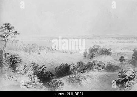 Blick auf die Bucht und den Hafen von New York, von Gowanus Heights, Brooklyn Ca. 1841 oder 1852 William Henry Bartlett British Dieses Aquarell steht im Zusammenhang mit „View from Gowanus Heights, Brooklyn“, einem Stahlstich von Henry Adlard für Barletts und N.P. willis’s „American Scenery“ (1838–40), einer zweibändigen Serie von Drucken und Kommentaren, die zum klassischen malerischen Album seiner Zeit wurde. Nach dem Werk von J. M. W. Turner, dem größten Landschaftsillustrator des 19. Jahrhunderts, repräsentierte Bartlett New York Bay von einem fast unmöglich hohen Standpunkt aus und machte New York City zu einem Zwischenfall in Stockfoto
