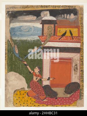 Madhumadhavai Ragini: Seite aus einer verstreuten Ragamala-Serie (Girlande der musikalischen Modi) ca. 1640–50 Indien (Rajasthan, Marwar) der Text dieses Ragini erzählt von Pfauen, die vor der Gefahr des Regens weinen – hier am brüllenden schwarzen Horizont und den blauen Linien. Eine Dame denkt, dass der Schrei des Pfaus dem Hunger kommt und bietet Nahrung an. Das Publikum hätte auch Anspielungen auf Nayikabheda-Poesie verstanden, in der die abhisarika nayika (eine Heldin) nachts im Sturm reist, um ihren Geliebten zu treffen. Der Figurentyp und die Farbpalette sind deutlich Marwari, während die abgeflachte Architektur und die Farbfelder c sind Stockfoto