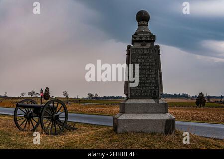 Foto des New Jersey Light Artillery Monument (Clarks Battery) aus dem Jahr 1st, Gettysburg National Military Park, Pennsylvania USA Stockfoto