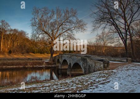 Foto des Winters auf der Burnside Bridge, Antietam National Battlefield, Maryland USA Stockfoto