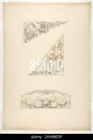 Drei Entwürfe für gemalte dekorative Motive mit Greifen und Rollwerk 1830–97 Jules-Edmond-Charles Lachaise Französisch. Drei Motive für gemalte Dekorative mit Gripins und Scrollwork 385103 Stockfoto