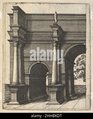 Hälfte eines Archs [Arcus Lutii Septimi] aus der Serie 'Ruinarum variarum fabricarum delineationes pictoribus caeterisque id genus artificibus multum utiles' 1554 Lambert Suavius Niederlandische perspektivische Darstellung der linken Hälfte eines doppelten Triumphbogens, angeblich der ‘Arcus Lutii Septimii’ in einer stilisierten Landschaft. Der Bogen scheint auf einem Quadrat platziert zu sein und wird von all seinen Ornamenten und Reliefdekorationen entfernt, abgesehen von einer Statue, die einen der hervorstehenden Pfeiler mit ionischen oder Composite-Säulen krönt, die die Bögen flankieren. Während die Proportionen falsch sind, ist die Gesamtcom Stockfoto