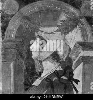 Twelve Heads Italienischer (lombardischer) Maler Italienisch Diese zwölf Köpfe stammen aus einer Serie von mindestens vierundvierzig Tafeln, die die Deckenbalken und die oberen Wände eines kleinen Raumes im Palast von San Martino Gusnago, nicht weit von Mantua, schmückten. Ob sie vom Militärkommandanten Francesco Secco oder von Eusebio Malatesta, dem jüdischen Berater des Herzogs Federigo II Gonzaga, in Auftrag gegeben wurden, kann nicht gesagt werden. Diese Art der Deckendekoration war besonders in Norditalien beliebt. Nur eine der Figuren kann mit einer Wahrscheinlichkeit identifiziert werden: Die im Kostüm eines venezianischen dogen scheint Marco B zu sein Stockfoto