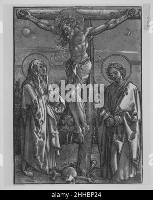 Christus am Kreuz flankiert von der Jungfrau und dem heiligen Johannes um 1530–1540 Dürer-Schule Deutsch. Christus am Kreuz, flankiert von der Jungfrau und dem heiligen Johannes 343127 Stockfoto