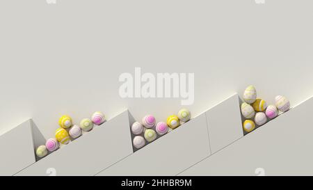 Minimale Zusammensetzung mit Ostereiern und geometrischen Formen. Stockfoto