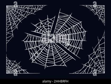 Spinnweben auf schwarzem Hintergrund isoliert. Gruselige Halloween Spinnweben für Rahmen und Banner. Vektorgrafik mit Handrawn Stock Vektor
