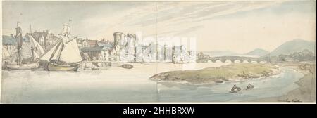 Carmarthen Castle, Wales 1797 Thomas Rowlandson der Brite Rowlandson produzierte diese weite Sicht auf die rivertown Carmarthen, als er 1797 durch Wales tourte. Er reiste mit dem Karikaturisten Henry Wigstead und veröffentlichte später "Remarks on a Tour to North and South Wales in the Year 1797 by Henry Wigstead with Plates from Rowlandson" (1800). Dies ist eine von einer Reihe von Aquarellen, die Rowlandson über ein offenes Skizzenbuch machte, um bemerkenswerte Stätten aufzuzeichnen.in dem verwandten Buch beschreibt Wigstead Carmarthen als "eine sehr schöne Stadt ... das Ziel [Gefängnis] ... innerhalb der alten Mauern des Schlosses. Ein Stein Stockfoto