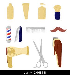 Setzen Sie den Friseurladen auf weißen Hintergrund. Abstrakte Ausrüstung für Haarschnitt Schnurrbart, Rasiermesser, Messer, Elektrorasierer, Bürste, Schere, Flasche, Fächer in Doodle ve Stock Vektor