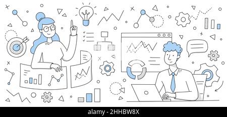 Datenanalyse Geschäftskonzept, Doodle Analysten, Büroleute arbeiten zusammen Forschung Statistiken Diagramme, Grafiken und Diagramme des Vertriebsmanagements und operative Berichte, Line Art Vektor Illustration Stock Vektor