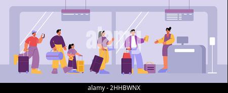Flughafenterminal mit Check-in-Schalter. Personen mit Koffern stehen in der Schlange, um sich für die Abreise zu registrieren. Vektor-flache Abbildung von Passagieren mit Gepäck und Tickets in der Schlange zum Check-in-Schalter Stock Vektor