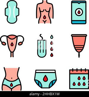 Menstruationsfarbe einfaches Icon Set. Kann verwendet werden, um weibliche Hygiene und Gesundheit zu veranschaulichen. Perioden flache Symbole in trendigen Stil isoliert auf Stock Vektor