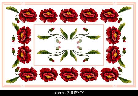 Muster zum Sticken großer roter Mohnblumen in einem rosa rechteckigen Rahmen und gebogenen Stielen mit Blättern und Knospen in der Mitte auf weißem Hintergrund Stockfoto