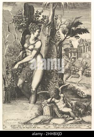 Venus stachelte von den Dornen auf einem Rosenbusch, im Hintergrund Mars jagen Adonis, im Vordergrund geflügelte Amor ruhen 1556 nach Giorgio Ghisi Italienisch. Venus stachelte von den Dornen auf einem Rosenbusch, im Hintergrund Mars, der Adonis jagte, im Vordergrund geflügelte Amor, der 367476 ruhte Stockfoto