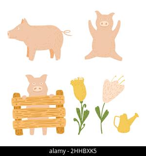 Stellen Sie Schweine auf dem Bauernhof auf weißem Hintergrund. Lustige Cartoon-Figur mit Zaun, Blumen und gelben Gießkannen in Doodle-Stil Vektor-Illustration. Stock Vektor