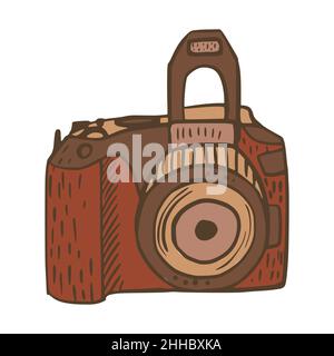 Retro-Kamera isoliert mit Taschenlampe auf weißem Hintergrund. Klassische handgezeichnete Illustrationkamera. Doodle-Vektor-Illustration. Stock Vektor