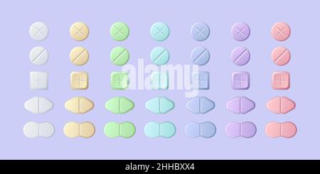Medizinische Pillen und Tabletten in verschiedenen Formen und Farben. Vector realistische Satz von Medikamenten, Vitamin, Aspirin, Schmerzmittel oder Antibiotika. 3D Symbole von Arzneimitteln mit Markierungen Stock Vektor