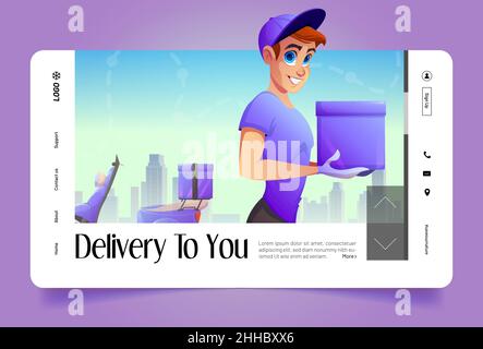 Lieferdienst Banner mit Kurier, Box und Roller. Versand von Paketen, Essen aus dem Restaurant und Bestellungen aus dem Geschäft. Vektor Landing Page mit Cartoon-Illustration von liefern Mann mit Motorrad Stock Vektor