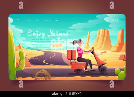 Genießen Sie Natur Banner mit Mädchen Fahrt auf Roller auf der Straße in der Wüste. Vektor Landing Page mit Cartoon Sand Wüste Landschaft mit Bergen, Kakteen, Tumbleweed und Autobahn. Frau reist auf dem Motorrad Stock Vektor