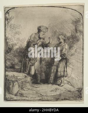 Abraham und Isaac 1645 Rembrandt (Rembrandt van Rijn) Holländisch Diese Radierung zählt zu den bewegendsten Drucken Rembrandts und zeigt die Geschichte Abrahams, der als Test seines Glaubens von Gott angewiesen wurde, seinen Sohn Isaak zu opfern. Wie typisch für das Werk des Künstlers der 1640s, entschied sich Rembrandt, den emotionalsten Moment der Geschichte zu illustrieren: Isaac, unwissentlich das beabsichtigte Opfer, fragt seinen Vater: 'Wo ist das Lamm für das Opfer?' Abraham antwortet, dass Gott einen geben wird. Rembrandt arrangierte die Komposition um die zentrale Geste des Vaters, der mit seinem Lob auf Gott verweist Stockfoto